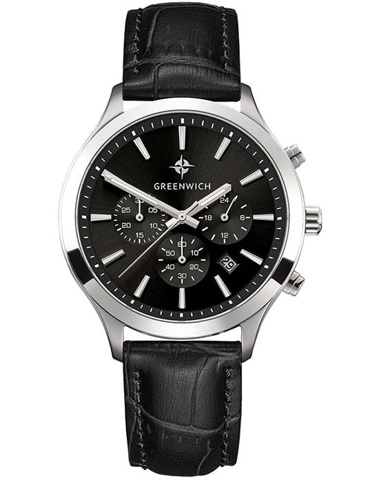 Greenwich Greenwich Skipper GW 043.11.31  GW 043.11.31 кварцевые мужские часы черный циферблат, браслет кожаный — вид спереди